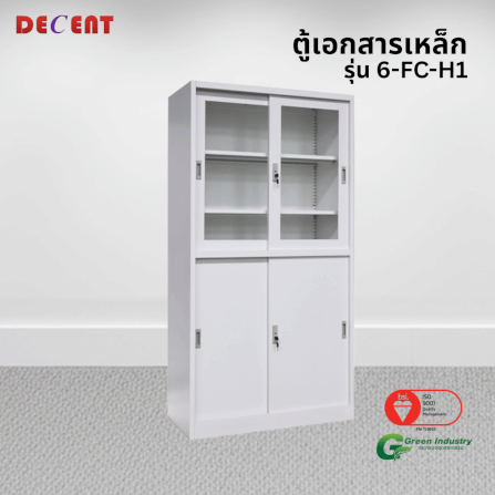 ตู้เอกสารเหล็กบานเลื่อน บนกระจก ล่างทึบ DECENT รุ่น FC-H1 สีขาว_3